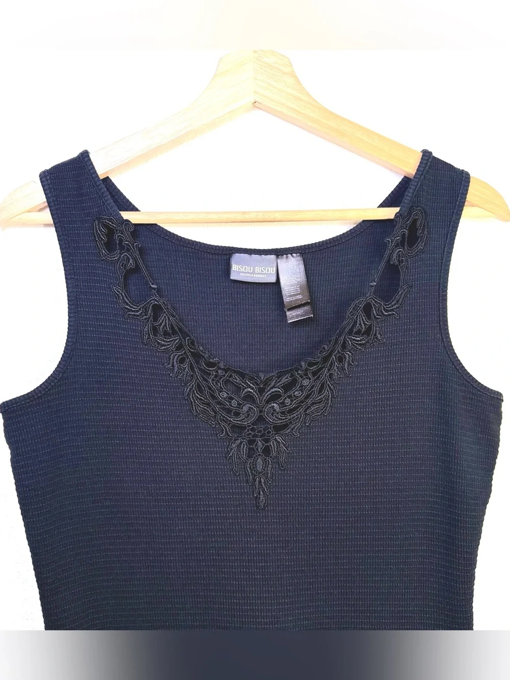 Bisou Bisou Women's Vintage Y2K Black Ribbed Knit Fitted Boho Tank Top Size XL - Picture 4 of 16